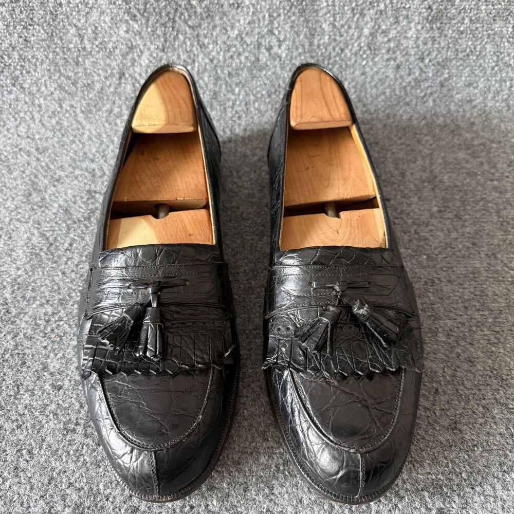 $900 Mezlan Full Genuine CROCODILE ALLIGATOR Shoes Tassel Loafers 11.5 M Black